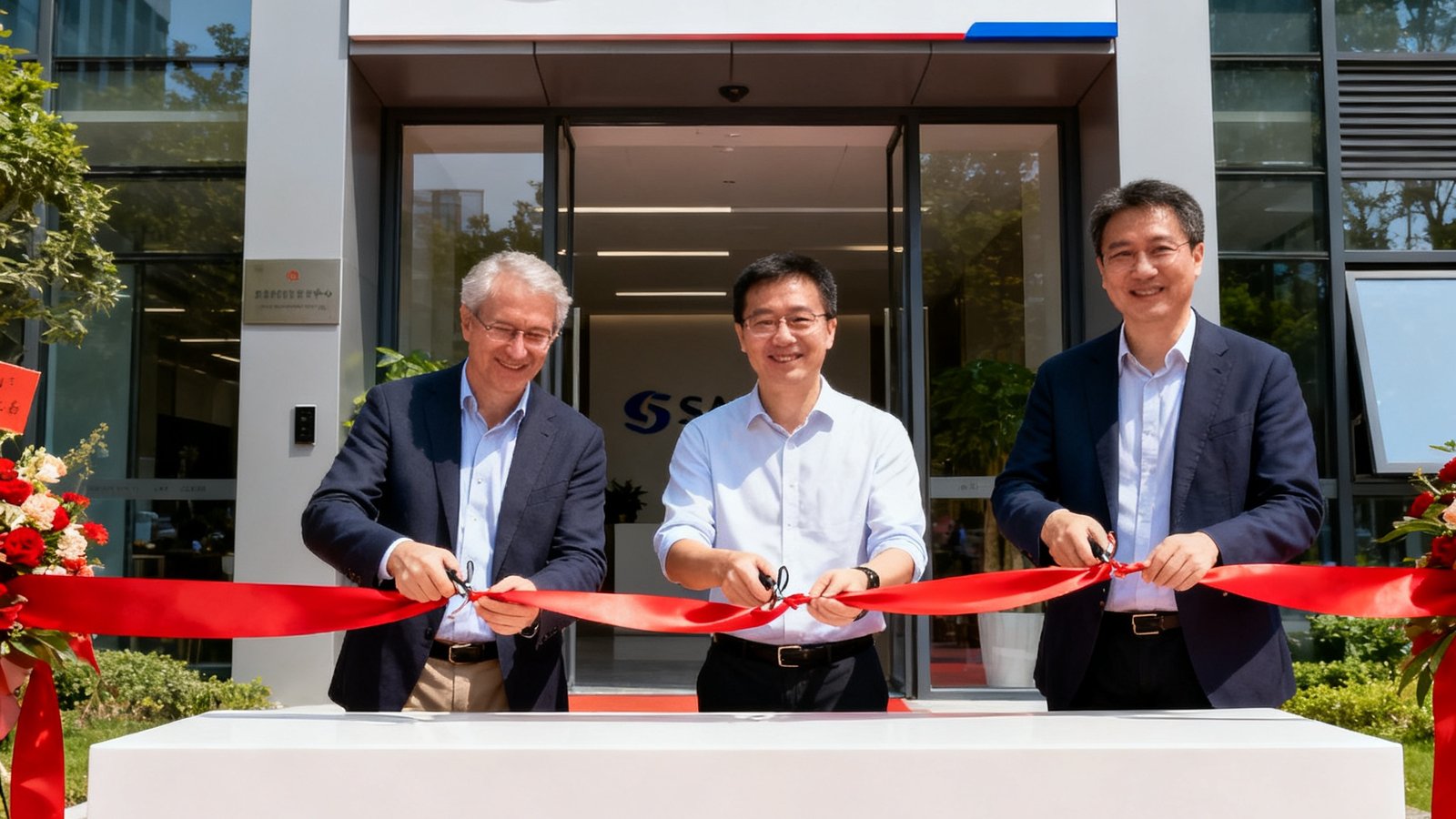 SA视讯平台成都技术支持中心开业典礼现场，公司三位联合创始人共同剪彩，背景是崭新的技术办公大楼，门口悬挂着公司标志牌。