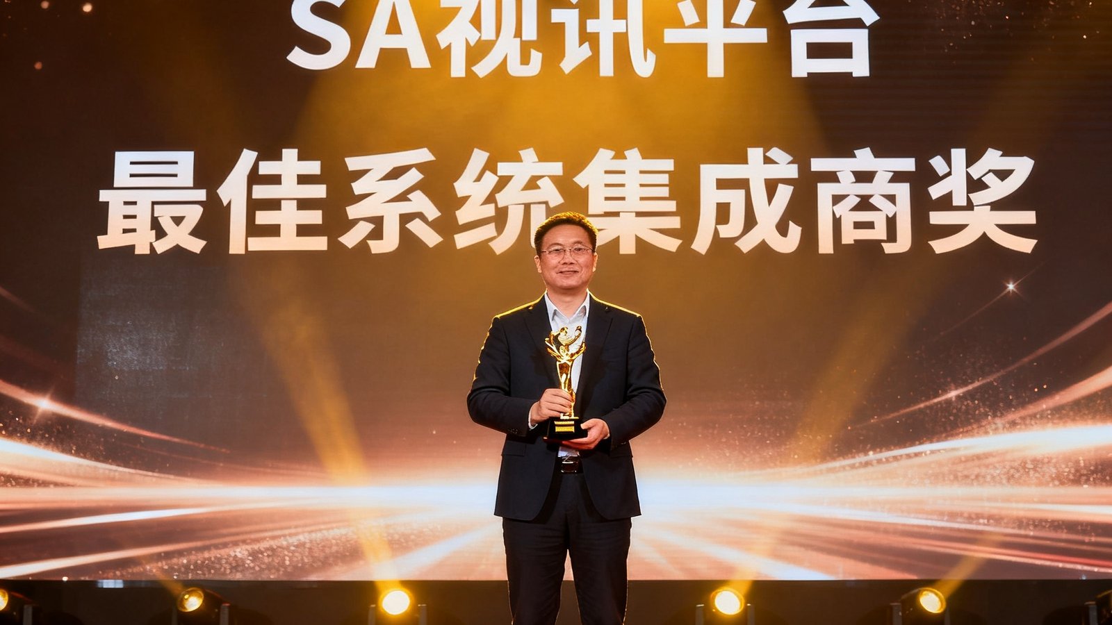 在2024年中国视听行业年度颁奖典礼上，SA视讯平台代表上台领取最佳系统集成商奖杯，舞台大屏幕显示着获奖企业名称。