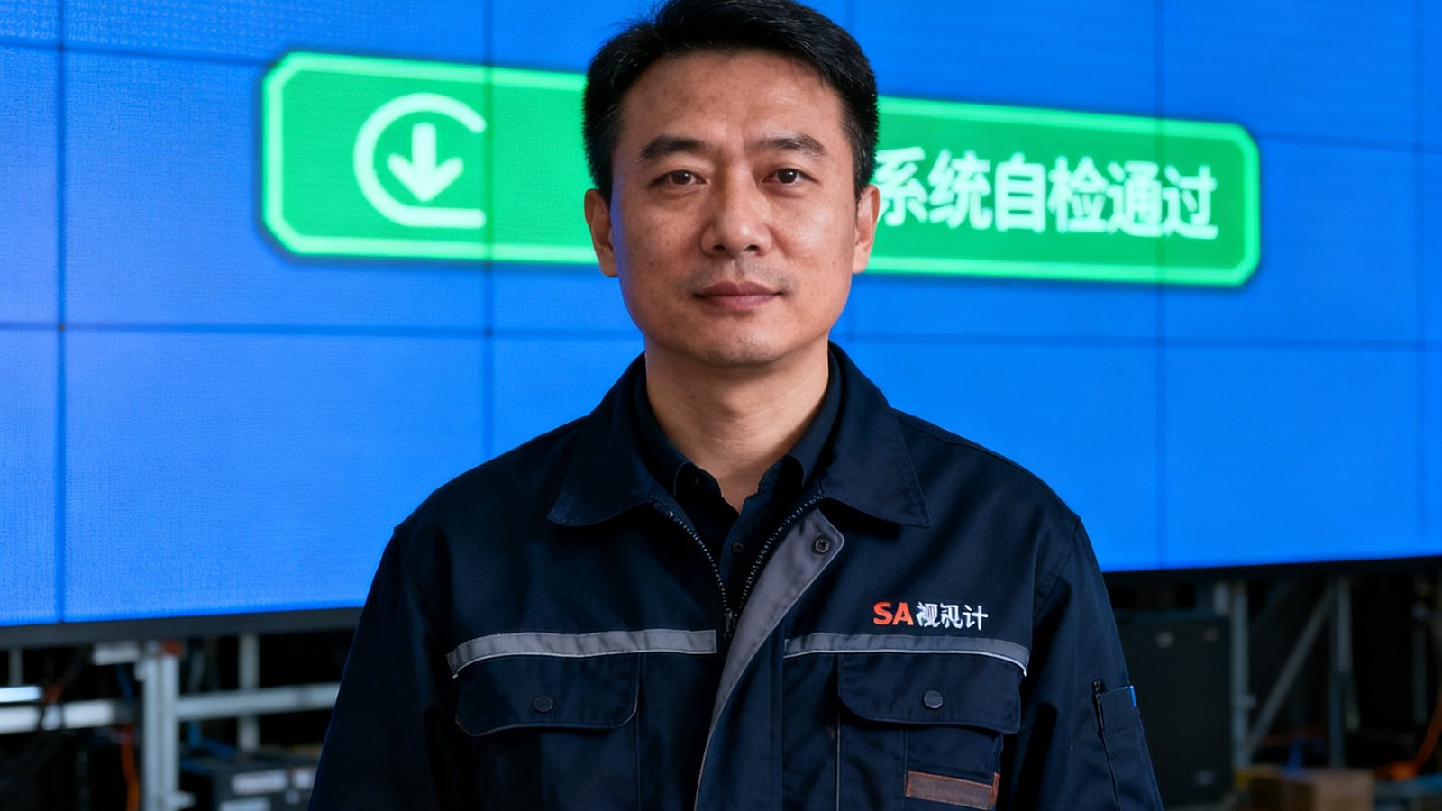 SA视讯平台创始人兼CEO周志远站在某应急指挥中心交付现场，身着深色工装，背景是刚点亮的小间距LED显示墙，墙上显示着系统自检通过的绿色标识，表情沉稳而专注。
