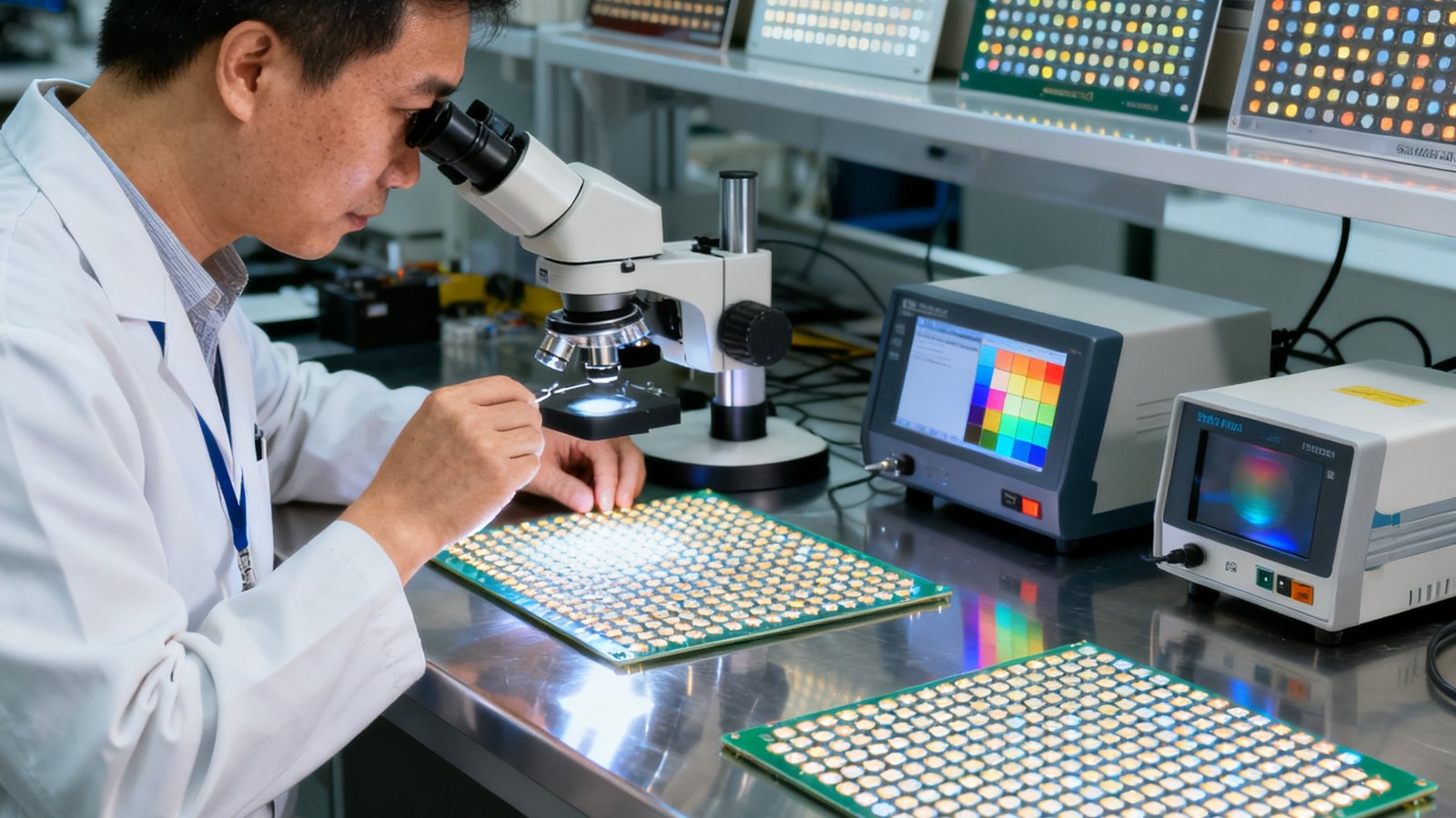 CTO林振宇在光学实验室中用显微镜检查COB封装LED模组的像素点排列均匀度，实验台上摆放着色彩分析仪和热成像仪，背景可见多块不同点间距的LED测试样板。